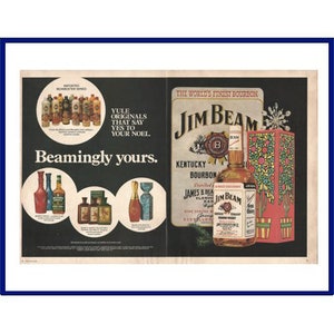 JIM BEAM Kentucky Bourbon Whiskey Original 1974 Vintage Print Advertisement "Yule Originals That Say Yes To Your Noel. Beamingly Yours."