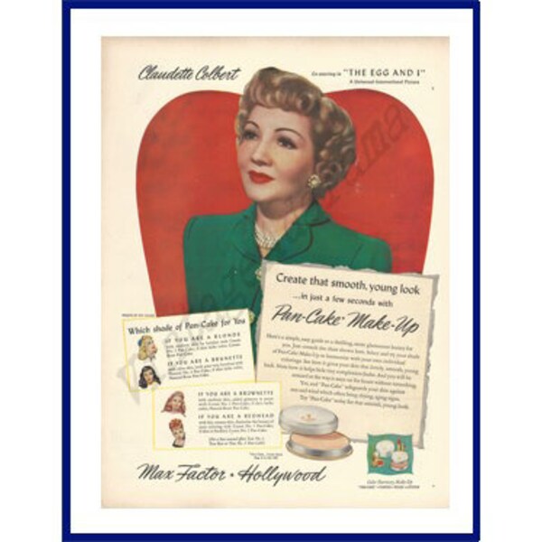 MAX FACTOR * HOLLYWOOD Pan-Cake Make-Up Original 1947 Vintage Extra Large Color Print Advertisement - Claudette Colbert "The Egg And I"