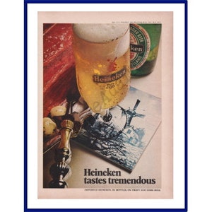 HEINEKEN LAGER BEER Original 1971 Vintage Color Print Advertisement &quot;Heineken Tastes Tremendous&quot; Rotterdam, Holland / The Netherlands