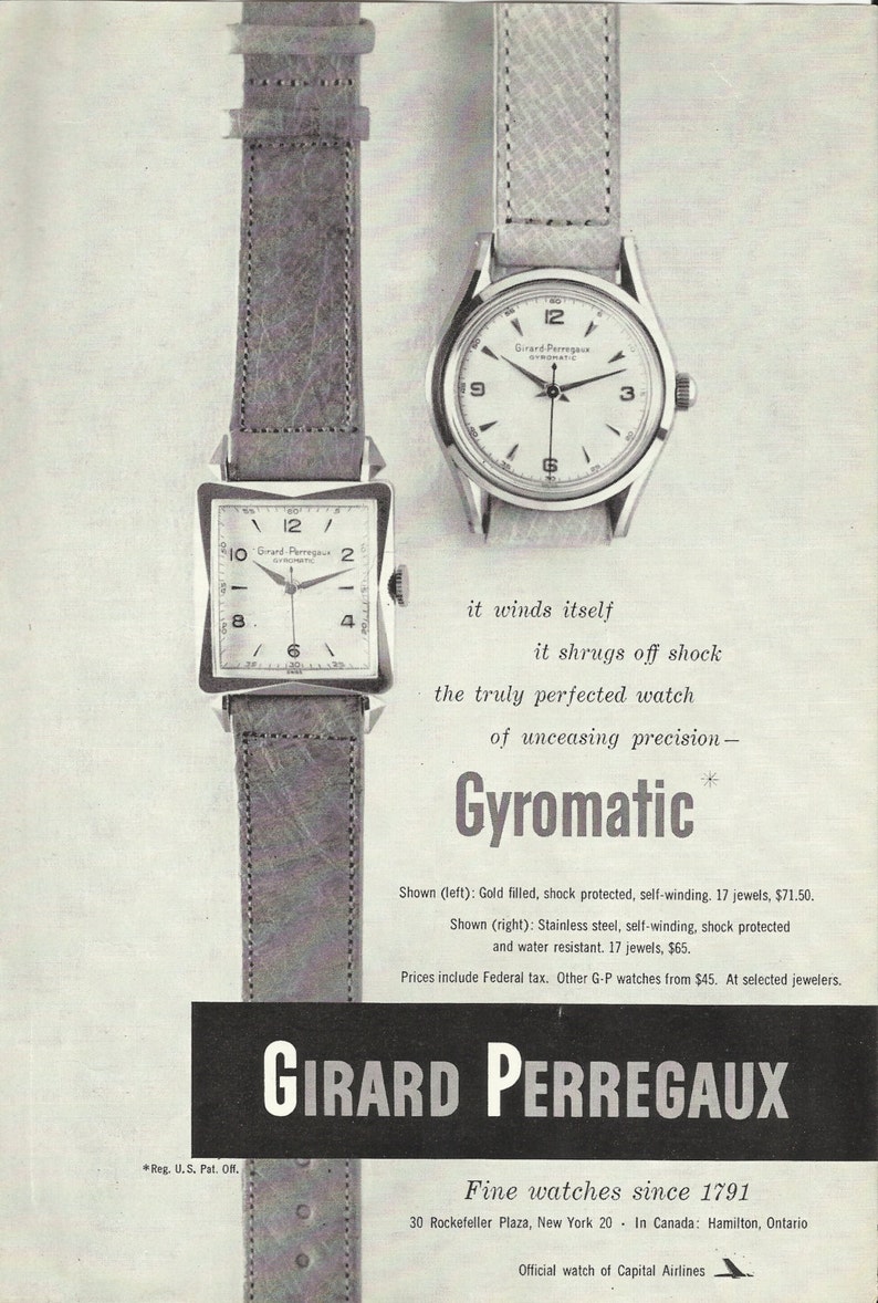 Girard Perregaux Watch Original 1951 Vintage Print Ad w/ Black | Etsy