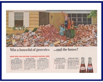 PEPSI-COLA 2,000,000 Shopping Spree Original 1965 Vintage Color Print Advertisement "Win a Houseful of Groceries . . . and the House!"