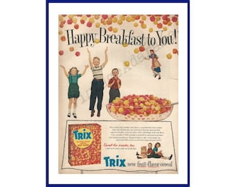 TRIX BREAKFAST CEREAL Original 1956 Vintage Extra Large Color Print Advertisement "Happy Breakfast to You!" Fruit Flavor / General Mills