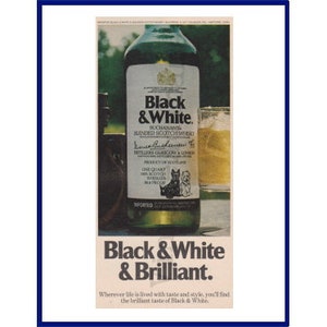 Puede incluir: Un anuncio impreso vintage para Black & White Blended Scotch Whisky. El anuncio presenta una botella de whisky escocés Black & White con un perro terrier blanco y negro en la etiqueta. El texto del anuncio dice "Black & White & Brilliant. Dondequiera que la vida se viva con gusto y estilo, encontrarás el brillante sabor de Black & White."