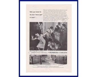 STROMBERG-CARLSON Radio-Phonograph Original 1947 Vintage Black & White Print Advertisement - Teenagers Dancing at Home with Parents Watching