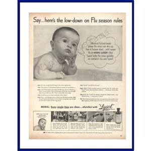 Peut inclure: Publicité vintage en noir et blanc avec un bébé pensif. Le texte traite des règles de la saison de la grippe et de l'utilisation de Lysol. L'image a un design classique et rétro, typique des publicités anciennes.