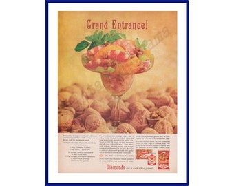 DIAMOND WALNUTS Original 1962 Vintage Color Print Advertisement "Grand Entrance!" Shrimp Orange Walnut Cocktail Recipe