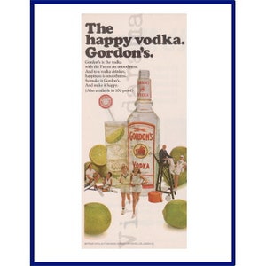 GORDON's VODKA Original 1975 Vintage Color Print Anuncio "El Vodka Feliz. Gordon." Limes / Tema de Tenis
