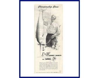 E & W Sports Shirts / ELY and WALKER Original 1948 Vintage Black and White Print Advertisement "Championship Class" Fisherman with Swordfish