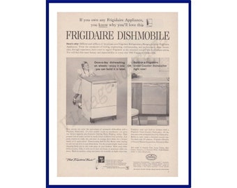 FRIGIDAIRE DISHMOBILE Portable Dishwasher Original 1961 Vintage Black & White Print Advertisement - General Motors