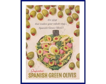 SPANISCHE grüne OLIVEN Original 1959 Vintage Farbe Print Werbung "Das Zing, die Ihre Salate singen macht . . ."