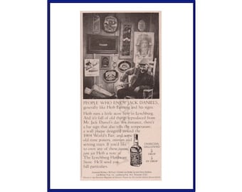 May include: A monochrome advertisement showing a man in a room with framed items, promoting Jack Daniel's whiskey. The text describes the product's history and features a bottle of Jack Daniel's. The image has a vintage feel.