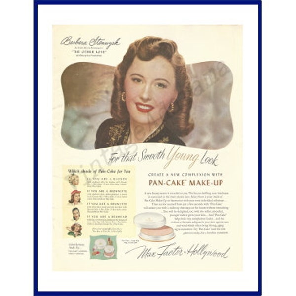 MAX FACTOR HOLLYWOOD Pan-Cake Make-Up Original 1947 Vintage Color Print Advertisement "For That Smooth Young Look" Barbara Stanwyck