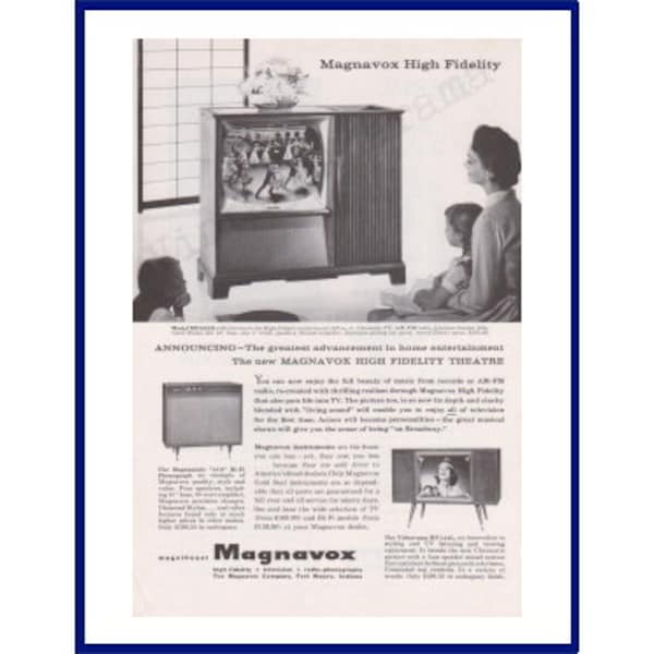 MAGNAVOX High Fidelity Theatre Original 1957 Vintage Advertisement - Television, AM-FM Radio, Stereo, Record Player, Entertainment System