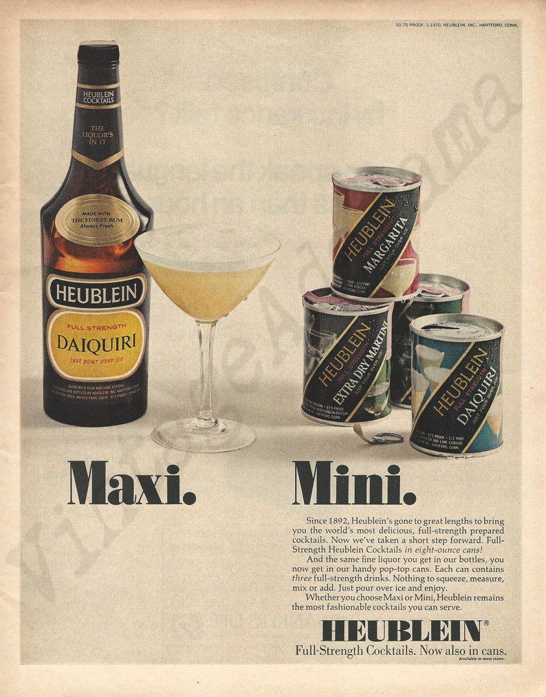 Bottled /& Canned Cocktails. Mini Maxi HEUBLEIN COCKTAILS Original 1970 Vintage Extra Large Color Print Advertisement