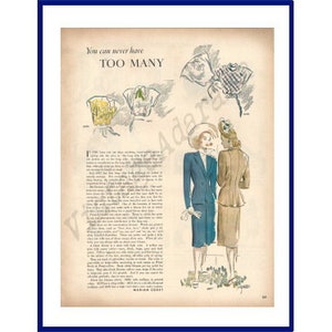 May include: A vintage fashion illustration showing two women in suits, one teal and one tan, wearing hats. The image includes sketches of hats and the text "You can never have TOO MANY". The artwork is framed in a blue border.