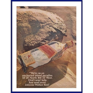 JOHNNIE WALKER RED Label Scotch Whisky Original 1974 Vintage Print Advertisement "We're On An Uncharted Island Paradise" Mensaje en una botella