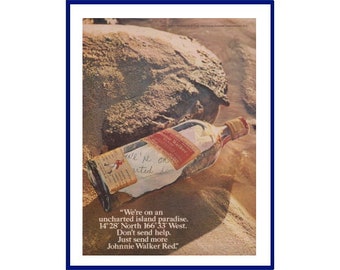 JOHNNIE WALKER RED Label Scotch Whisky Original 1974 Vintage Print Advertisement "We're On An Uncharted Island Paradise" Message in a Bottle
