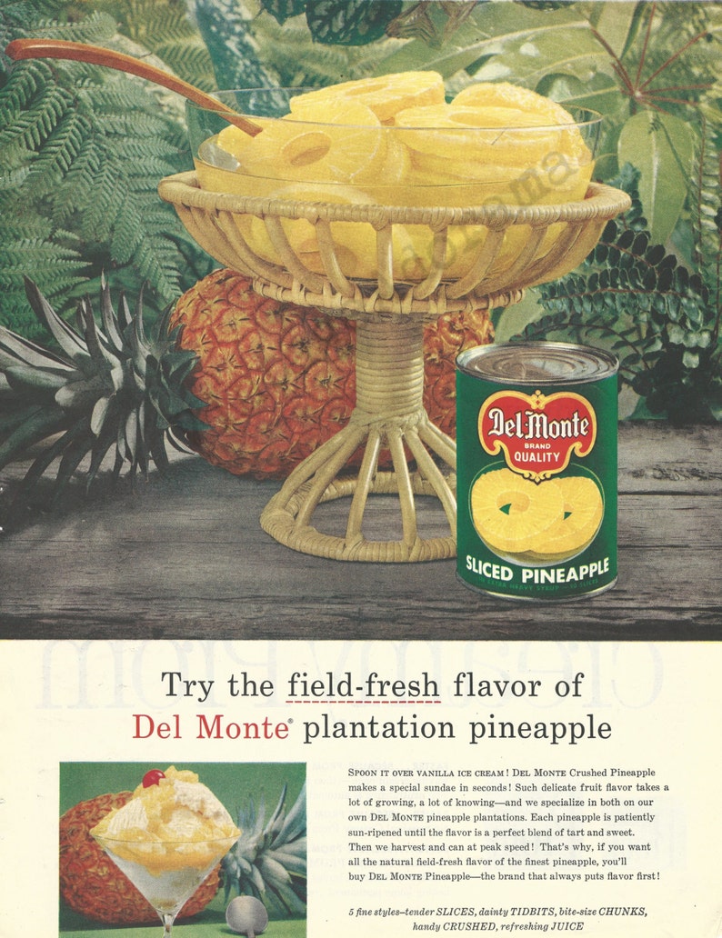 Can Of Sliced Pineapple /& Serving Plate of Pineapple Rings Del Monte Pineapple Original 1957 Vintage Extra Large Color Print Advertisement