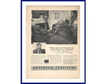 KROEHLER FURNITURE Original 1938 Vintage Extra Large Black & White Print Advertisement - Smilin' Ed McConnell" Radio Personality / Star