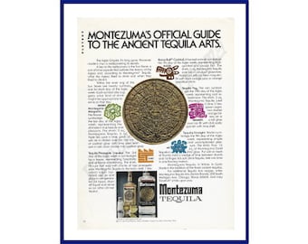 MONTEZUMA TEQUILA Original 1974 Vintage Color Print Advertisement &quot;Montezuma&#39;s Official Guide To The Ancient Tequila Arts.&quot; Aztec Sun Stone