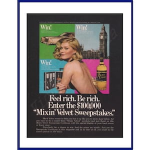 BLACK VELVET Canadian Whisky Original 1979 Vintage Print Werbung - Feel Rich. Sei reich. Geben Sie die 100.000 "Mixin' Velvet Sweepstakes" ein.