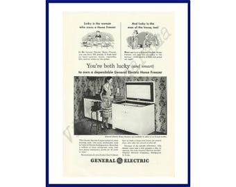 GENERAL ELECTRIC Home Freezer Original 1947 Vintage Black & White Print Ad - Major Kitchen Appliance "You're Both Lucky (And Smart)"