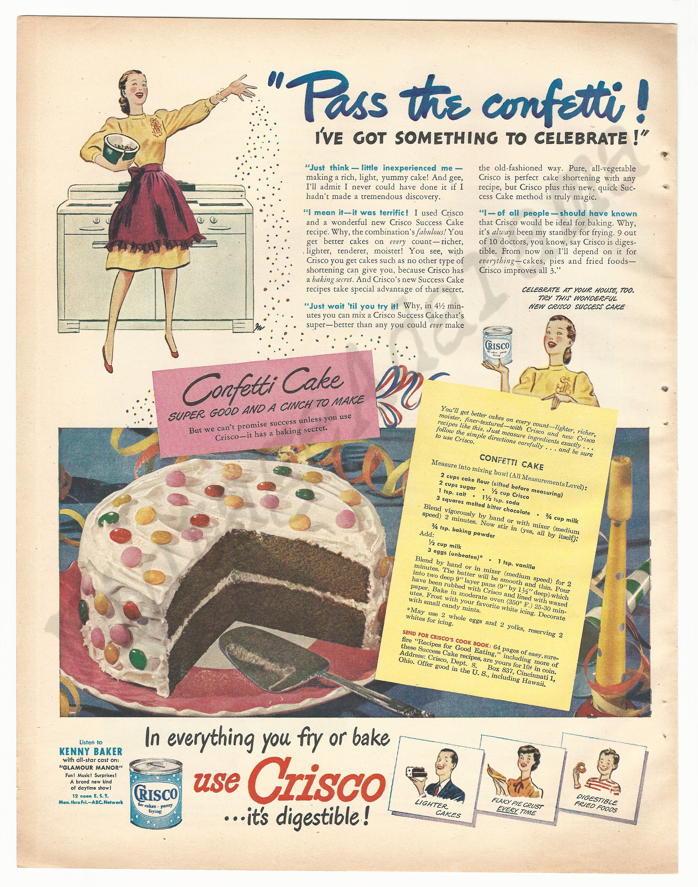 CRISCO SHORTENING Original 1947 Vintage Extra Large Print Advertisement pass the Confetti I've