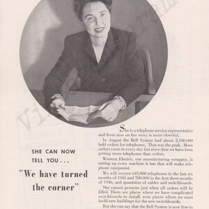 BELL TELEPHONE Original 1945 Vintage Black & White Print Advertisement Telephone Service Representative We Have Turned The Corner image 2