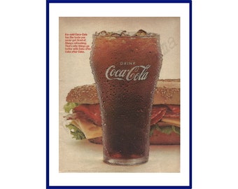 COCA-COLA Original 1966 Vintage Extra Large Color Print Advertisement - Iconic Glass of Coke with Submarine Sandwich