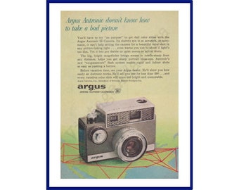 ARGUS Autronic 35 Camera Original 1961 Vintage Print Advertisement "Argus Autronic doesn't know how to take a bad picture" USA Air Route Map