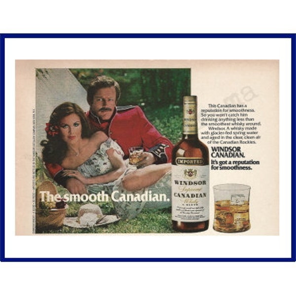 WINDSOR CANADIAN WHISKY Original 1979 Vintage Color Print Advertisement "The Smooth Canadian." Romantic Couple In Hammock