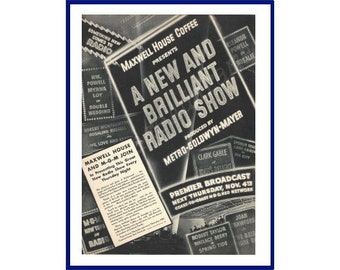 MAXWELL HOUSE MGM Radio Show Original 1937 Vintage Extra Large Black & White Print Advertisement - Metro Goldwyn Mayer