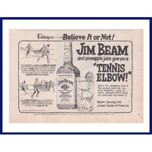 JIM BEAM Kentucky Bourbon Whiskey Original 1977 Vintage Print Advertisement &quot;Tennis Elbow!&quot; Cocktail Recipe / Ripley&#39;s Believe it Or Not!