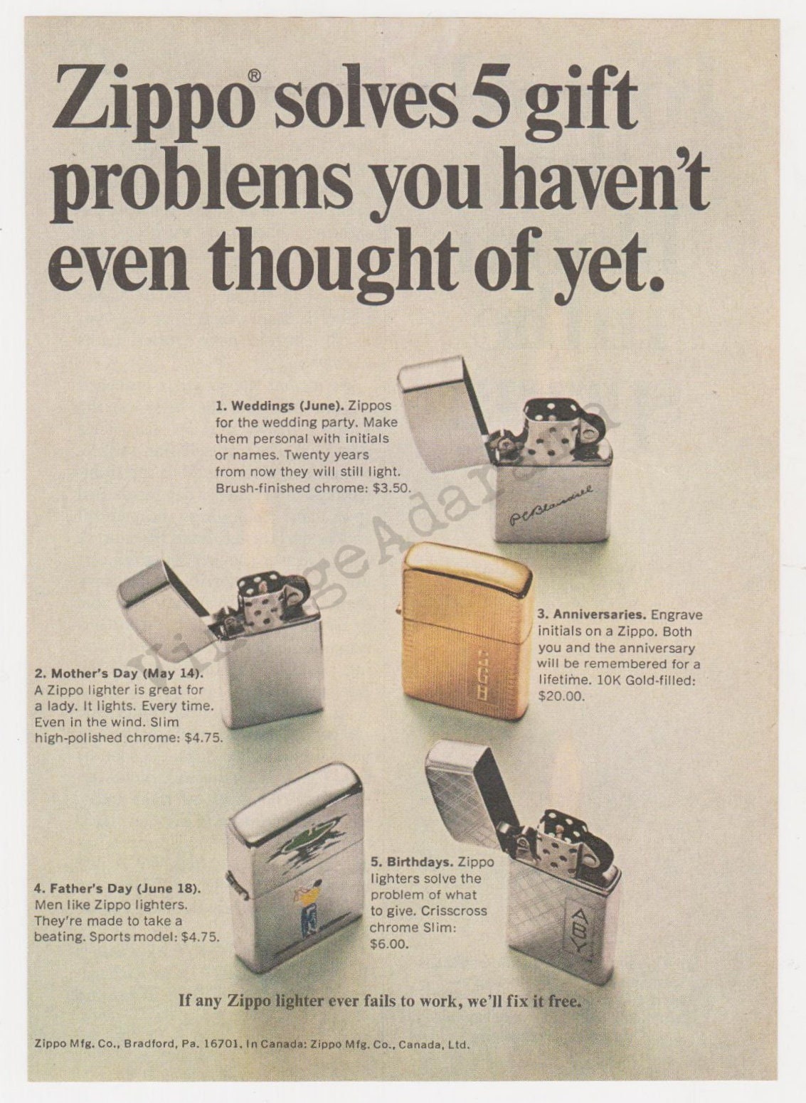 ZIPPO LIGHTERS Original 1967 Vintage Color Print ZIPPO LIGHTERS Original 1967 Vintage Color Print