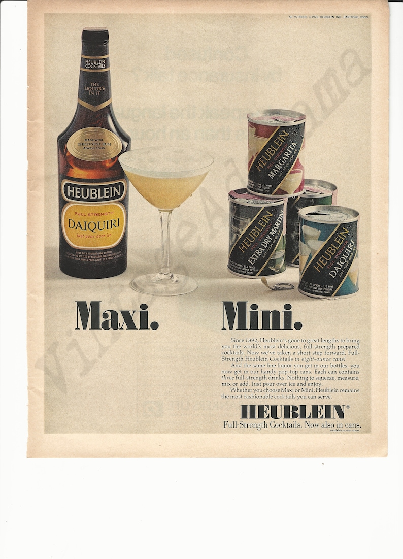 Bottled /& Canned Cocktails. Mini Maxi HEUBLEIN COCKTAILS Original 1970 Vintage Extra Large Color Print Advertisement