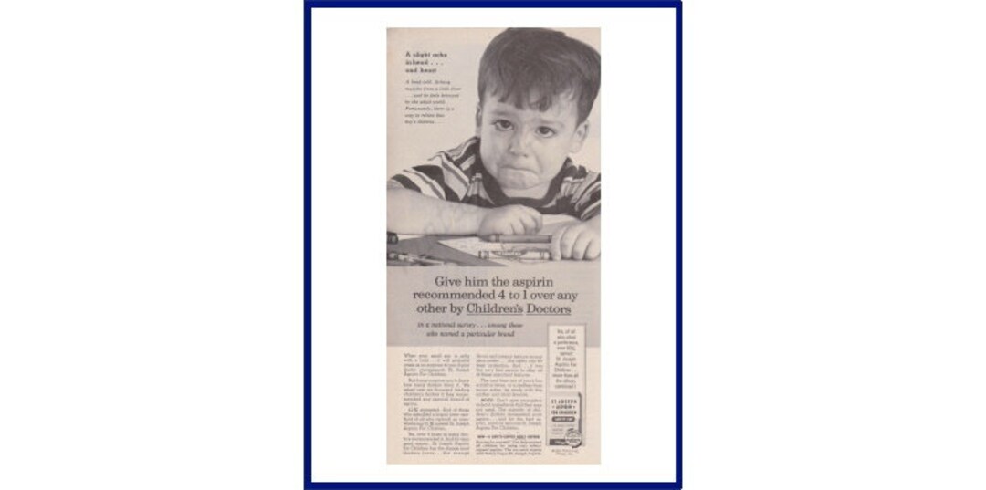ST. JOSEPH ASPIRIN for Children Original 1962 Vintage Black & White Print Advertisement a Slight