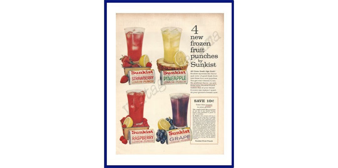 SUNKIST Frozen Fruit Punches Original 1960 Vintage Extra Large Color