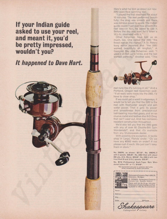 SHAKESPEARE FISHING REEL Original 1965 Vintage Color Print Advertisement if  Your Indian Guide Asked to Use Your Reel and Meant It . . . 