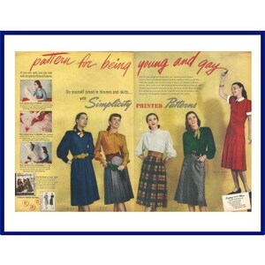 May include: A vintage advertisement with the text "pattern for being young and gay" and "Simplicity Printed Patterns." The image shows women in dresses and skirts, displaying different styles. The ad has a retro aesthetic, reminiscent of the mid-20th century.