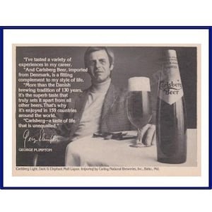May include: Vintage black and white advertisement for Carlsberg Beer. The image features a man, a bottle of beer, and a glass of beer. Text on the ad includes a quote about the beer's taste and history. The ad is from Carling National Breweries.