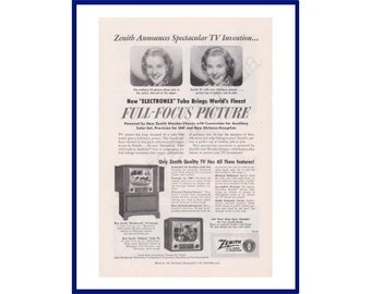 May include: Vintage advertisement for Zenith televisions. The ad features two portraits of a woman, the text "New 'ELECTRONEX' Tube Brings World's Finest FULL-FOCUS PICTURE", and images of two different television models. The ad is in black and white.