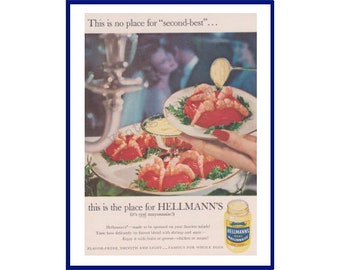 HELLMANN'S MAYONNAISE Original 1959 Vintage Color Print Advertisement 'This Is No Place For "Second-Best" . . .' Shrimp Aspic