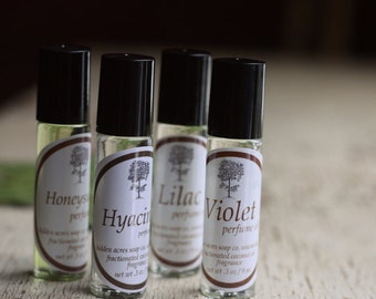 Spring Perfume Oils / 4 Spring Floral Scents / Mothers Day / Honeysuckle Lilac Violet Hyacinth / Buy 4 and Save