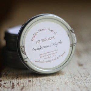 Lotion Bar Solid Travel Tin Frankincense and Myrrh image 1