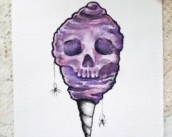 Creepy Cotton Candy ORIGINAL, Skull - Watercolor and Colored Pencil Painting - 5x7 inches