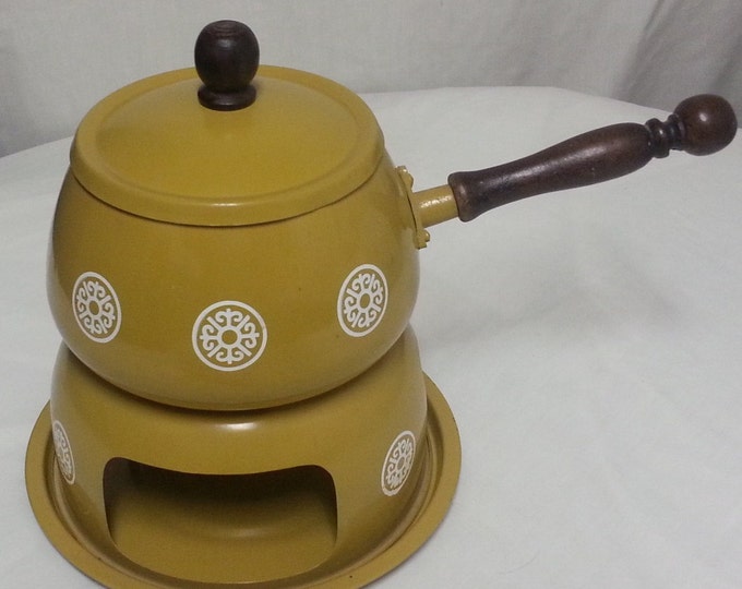 Fondue Pot, Harvest Gold Fondue Pot With Plate, Stand, and Sterno