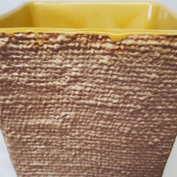 Shawnee Vase #868 burlap look ceramic textured vase with yellow interior