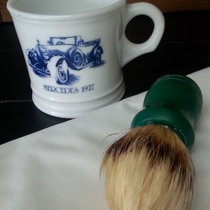 Surrey shaving mug with Mercedes 1927 decal and green handle natural bristle shaving bursh