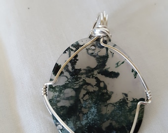 Wire wrapped moss agate slab, wrapped with silver plated wire