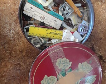 Grandma Sue's button cache, buttons, pins, buckles, tracing wheel and more
